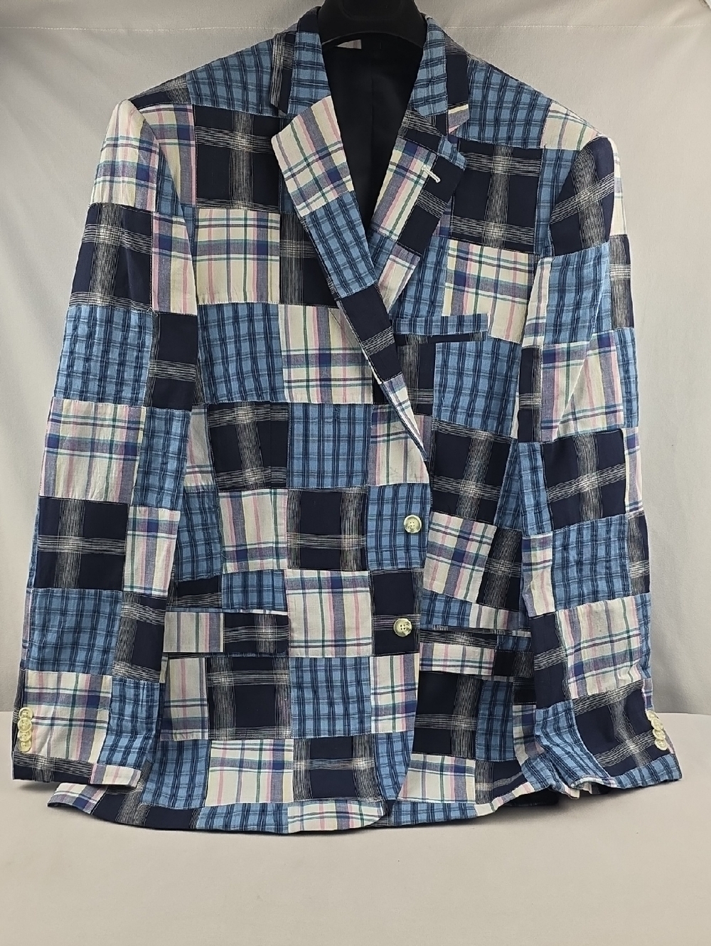 NWOT Blue Patchwork Plaid Check Mens Blazer / Sports Coat 100% Cotton Size 48L - Picture 2 of 6
